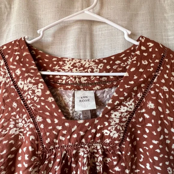Knox Rose | Linen Blend Rusty Brown Cheetah Print Dress 3/4 Sleeves Women Large - Picture 5 of 8